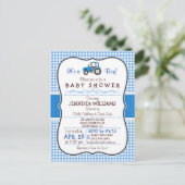 ブルーファームトラクターボーイベビーシャワー招待状 インビテーションポストカード (スタンド正面)