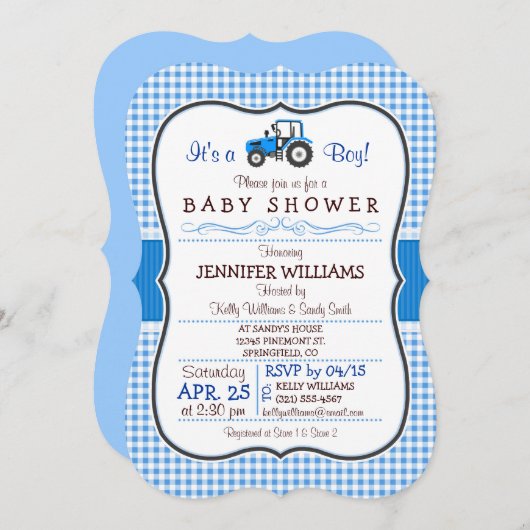 ブルーファームトラクターボーイベビーシャワー招待状 招待状 (正面/裏面)