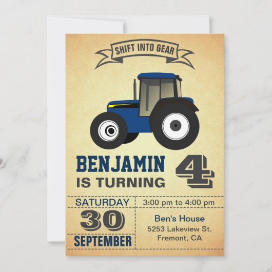 ブルーファームトラクター子供の誕生日パーティの招待状 招待状 (正面)