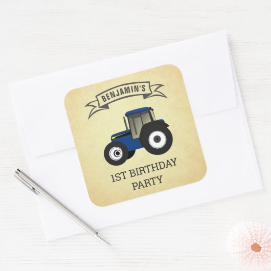 ブルーファームトラクター子供の誕生日パーティー スクエアシール (封筒)