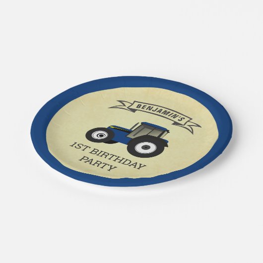 ブルーファームトラクター子供の誕生日パーティー ペーパープレート (アングル)