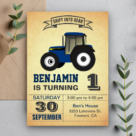 ブルーファームトラクター最初の誕生日パーティーの招待 招待状