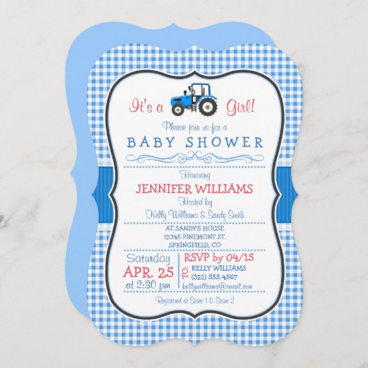 ブルーファームトラクター、カントリーガールベビーシャワー 招待状 (正面/裏面)