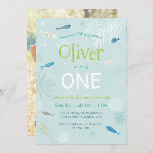 ブルーフィッシュ子供の誕生日パーティーカード 招待状 (正面/裏面)