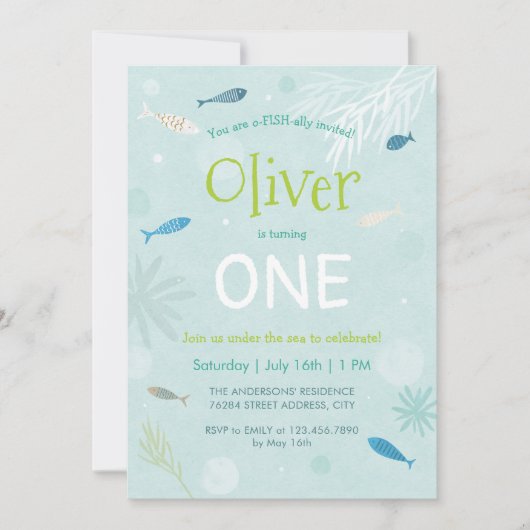 ブルーフィッシュ子供の誕生日パーティーカード 招待状 (正面)