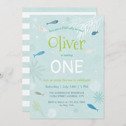 ブルーフィッシュ子供の誕生日パーティーカード 招待状 (正面/裏面)