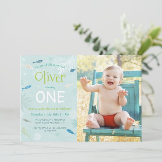 ブルーフィッシュ子供の誕生日パーティーフォトカード 招待状 (スタンド正面)