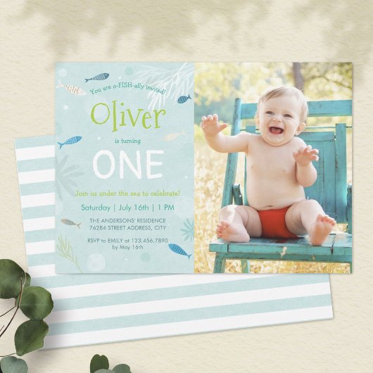 ブルーフィッシュ子供の誕生日パーティーフォトカード 招待状