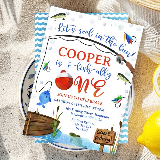 ブルーフィッシュ魚釣りO-fish-ally One 1 Birthday 招待状