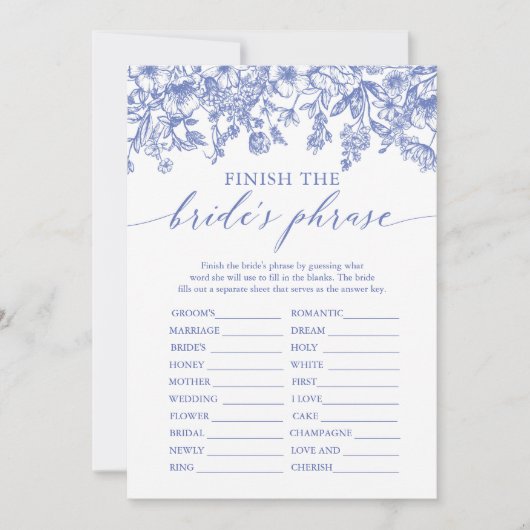 ブルーフィニッシュザブライドのフレーズブライダルシャワーゲーム 招待状 (正面)