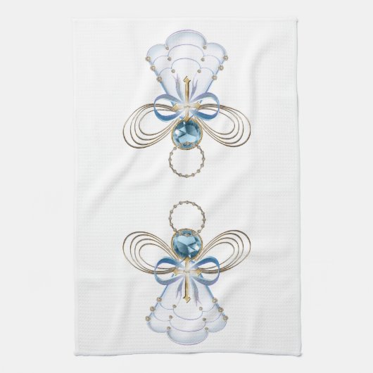 ブルーフィリグリーのクリスマス天使の信仰 キッチンタオル (縦)