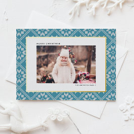 ブルーフェア島ウィンターニットパターンフォトクリスマス 箔シーズンポストカード