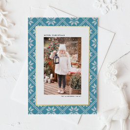 ブルーフェア島ニット模様フォトクリスマス 箔シーズンカード