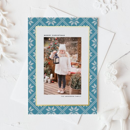 ブルーフェア島ニット模様フォトクリスマス 箔シーズンポストカード