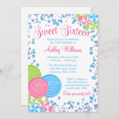 ブルーフェイクグリッターキャンディテーマスウィート16 招待状 (正面/裏面)