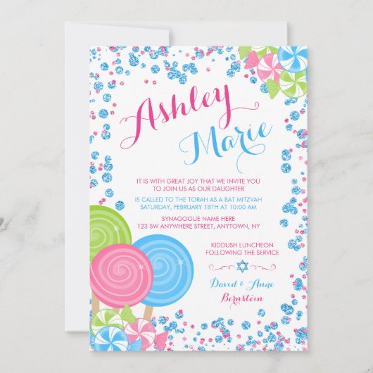 ブルーフェイクグリッターキャンディバルミツワー招待状 招待状 (正面)