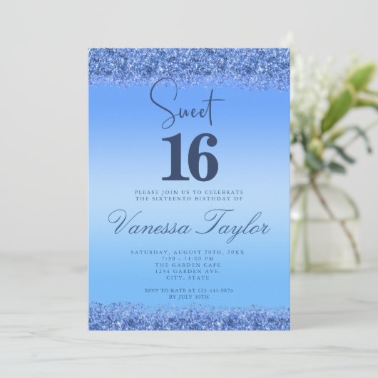 ブルーフェイクグリッタースウィート16誕生日招待状 招待状 (スタンド正面)