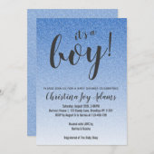 ブルーフェイクグリッター金ゴールドグラデーションボーイベビーシャワーカード 招待状 (正面/裏面)