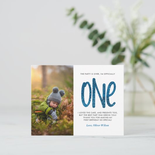 ブルーフェイクグリッター1st誕生日ありがとうはがき ポストカード (スタンド正面)