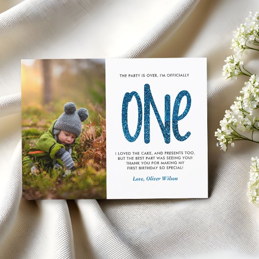 ブルーフェイクグリッター1st誕生日ありがとうはがき ポストカード