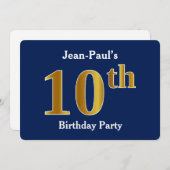 ブルーフェイク金ゴールド10th誕生日パーティー+名前をカスタムする 招待状 (正面/裏面)