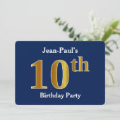 ブルーフェイク金ゴールド10th誕生日パーティー+名前をカスタムする 招待状 (スタンド正面)