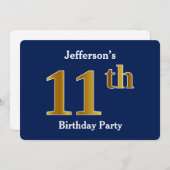 ブルーフェイク金ゴールド11th誕生日パーティー+名前をカスタムする 招待状 (正面/裏面)