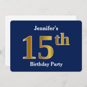 ブルーフェイク金ゴールド15th誕生日パーティー+名前をカスタムする 招待状 (正面/裏面)