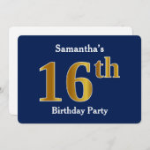 ブルーフェイク金ゴールド16th誕生日パーティー+名前をカスタムする 招待状 (正面/裏面)