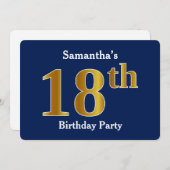 ブルーフェイク金ゴールド18th誕生日パーティー+名前をカスタムする 招待状 (正面/裏面)