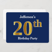 ブルーフェイク金ゴールド20th誕生日パーティー+名前をカスタムする 招待状 (正面/裏面)