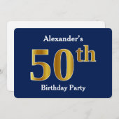ブルーフェイク金ゴールド50th Birthday Party +名前をカスタムする 招待状 (正面/裏面)