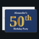 ブルーフェイク金ゴールド50th Birthday Party  名前をカスタムする 招待状<br><div class="desc">この招待デザインは、金ゴールドのような外観の序数"50"を備えフェイクている。名前と青パーソナライズされたい背景も付いている。それは誰かの50歳の誕生日パーティーに人々を招待状するために使用することができる。</div>