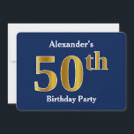 ブルーフェイク金ゴールド50th Birthday Party  名前をカスタムする 招待状<br><div class="desc">この招待デザインは、金ゴールドのような外観の序数"50"を備えフェイクている。名前と青パーソナライズされたい背景も付いている。それは誰かの50歳の誕生日パーティーに人々を招待状するために使用することができる。</div>