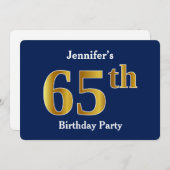 ブルーフェイク金ゴールド65th誕生日パーティー+名前をカスタムする 招待状 (正面/裏面)