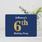 ブルーフェイク金ゴールド6th誕生日パーティー+名前をカスタムする 招待状 (スタンド正面)