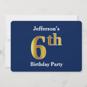ブルーフェイク金ゴールド6th誕生日パーティー+名前をカスタムする 招待状 (正面)