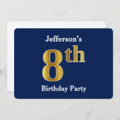 ブルーフェイク金ゴールド8th誕生日パーティー+名前をカスタムする 招待状 (正面/裏面)