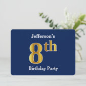 ブルーフェイク金ゴールド8th誕生日パーティー+名前をカスタムする 招待状 (スタンド正面)