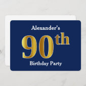 ブルーフェイク金ゴールド90th誕生日パーティー+名前をカスタムする 招待状 (正面/裏面)