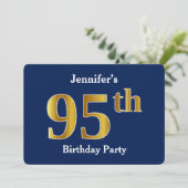 ブルーフェイク金ゴールド95th誕生日パーティー+名前をカスタムする 招待状 (スタンド正面)