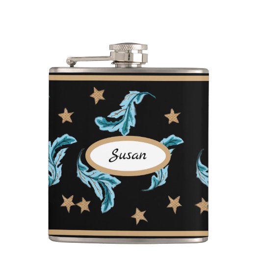ブルーフェザーと金ゴールドスターズボホスタイルオンブラック フラスク (正面)
