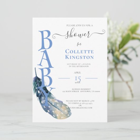 ブルーフェザー少年ベビーシャワー招待状 招待状 (スタンド正面)