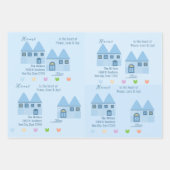 ブルーフェンスされた家カラフルの家、家庭所有者向けチューリップ ラッピングペーパーシート (正面)