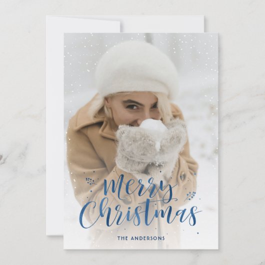 ブルーフォイルスクリプト雪の写真クリスマスカード シーズンカード (正面)