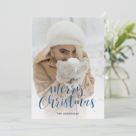 ブルーフォイルスクリプト雪の写真クリスマスカード シーズンカード (スタンド正面)