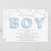 ブルーフォイルバルーン紙吹雪ボーイベビーシャワー 招待状 (正面/裏面)