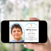 ブルーフォトアーチ少年がファーストコミュニオンを渡る 招待状