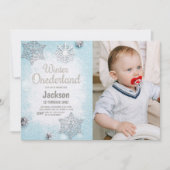 ブルーフォトグリッターウィンターワンダーランド招待状 招待状 (正面)