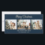 ブルーフォトコラージュエレガントメリークリスマスカード シーズンカード<br><div class="desc">カスタム青エレガントい写真のコラージュと雪の降る青い背景を特徴とするメリークリスマスカード。簡単にあなたの画像と家族の名前と手でレターブルーの写真のお気に入りのクリスマスカードをパーソナライズ。</div>